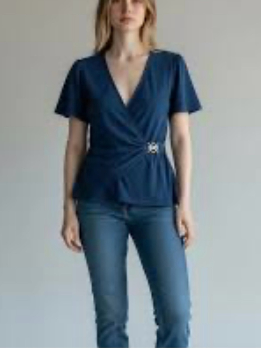 Michael Kors Blue & Black Wrap Top with Buckle Detail Size M
